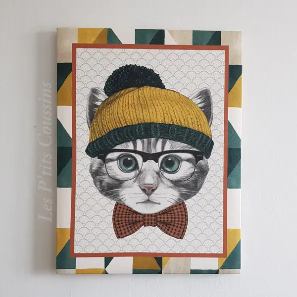 Tableau motifs d'un chat gris à lunettes